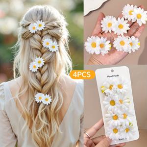 TEMU 여아용 요정꽃 헤어클립 4개 세트, 데이지 머리핀, 봄 여름 일상용 우아한 꽃무늬 헤어 액세서리, 여아 선물