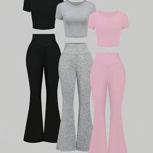 TEMU 라운드넥 슬림핏 플레어 팬츠가 포함된 솔리드 컬러 반팔 상의 6종 세트, 다양한 색상으로 데일리룩에 완벽합니다.