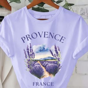 TEMU 여성용 라이트 퍼플 라벤더 프린트 캐주얼 티셔츠 - 디자인 