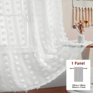 TEMU 프렌치 컨트리 스타일과 폼폼 트림이 있는 시어 화이트 커튼 - 빛을 필터링하도록 설계되었으며, 거실, 침실 또는 발코니에서 간편하게 걸 수 있도록 로드 포켓이 특징입니다 - 부드러운 폴리에스터 원단으로 제작되어 로맨틱한 장식 감각을 더합니다.