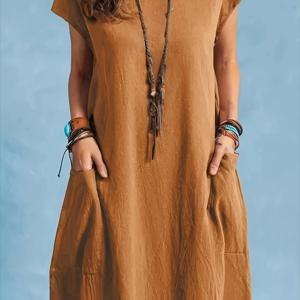 TEMU 여성용으로 스타일리시하면서도 편안한 라운드넥 솔리드 컬러 드레스. 가볍고 피부 친화적인 헵스 혼방 소재로 제작되었으며, 뛰어난 통기성과 편안함을 제공하여 해변, 휴가에 적합합니다.