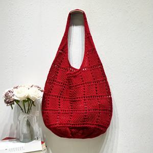 TEMU 폴리에스터 섬유 소재, INS 스타일 숲 테마 빈티지 예술적인 우븐 가방, フィッ백, 니트 숄더백, 토트백, 휴가 해변가방, 새로운 여성 가방