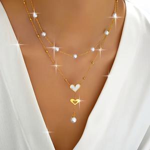 TEMU 고급스러운 이중 레이어 하트 모양 펜던트 목걸이, 인조 진주 장식 - 스테인리스 스틸 재질, 골드 톤 주얼리, 여성용, 및 발렌타인데이 선물로 적합