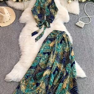 TEMU 여성 여름 패션 오프숄더 페일리 프린트 캐미솔 조끼 + 하이웨이스트 슬릿 미디 스커트 투피스 세트, 고품질 원단 질감, 휴가 여행, 해변, 레저 및 엔터테인먼트, 파티에 적합