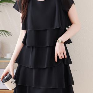 TEMU 플러스 사이즈 - 플러스 사이즈 - 스위트 스타일과 멀티 레이어 러플 디자인의 단색 반팔 케이크 드레스, 캐주얼 모임에 완벽, 여성용 드레스