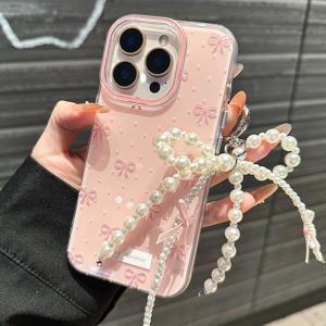 TEMU 휴대폰 케이스 - 귀여운 핑크 리본 펜던트 휴대폰 케이스, 물방울 무늬 디자인, 아이폰 16, 15, 14, 13, 12, 11 Pro Max 호환. 충격 방지 범퍼 커버가 특징인 이 창의적인 젤리 케이스입니다.