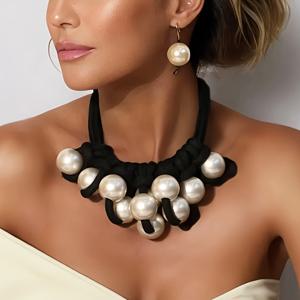TEMU 유럽 스타일 모조 진주 칼라본 체인 3종 세트, 블랙 로프 디자인 액세서리