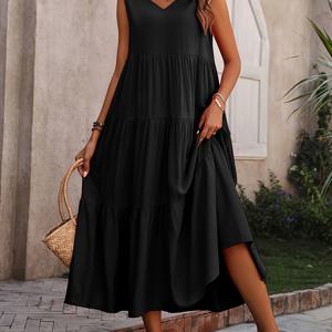 TEMU 우아한 빈티지 V넥 맥시 드레스 - 라인 & 세로 주름 - 민소매 - 롱 가운, 웨딩, 파티, 특별한 행사용 루즈핏 - 세탁기 사용 가능 (사계절) - 이너웨어 패딩 불필요