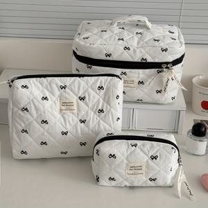 TEMU 3개 세트 핑크 스위트 리본 화장품 가방 뷰티 가방 인스 스타일 고급스러운 대용량 휴대용 여행용 세척 보관 가방