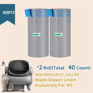 TEMU 20/40/60개입, M1용 고양이 배변 봉투, 자동 배변함 라이너, 헤비듀티, 초두꺼움, 69cmx33cm/27.1x12.9인치, M1 오픈탑 자동 배변함 호환 교체용 배변 봉투