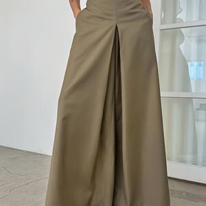 TEMU 편안한 여성용 하이웨이스트 와이드 레그 팬츠, 우아한 스타일 사계절용 포켓 포함 부드러운 소재