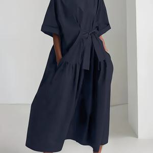 TEMU 새로운 스타일은 단색, 긴, 루즈핏, 우아한 드레스로, 미디 길이의 소매가 특징입니다. (아보카도색)와 네이비 색상으로 제공되며, 허리 끈, 뒷면에 숨겨진 지퍼, 포켓이 있습니다. 원단은 부드럽고 편안합니다.