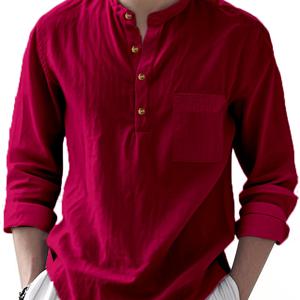 TEMU 새로운 봄/가을 남성용 캐주얼 헨리 셔츠, 남성용 긴팔 라운드넥 셔츠, 단색 세탁기 사용 가능 상의, 일상복 및 야외 레저에 적합