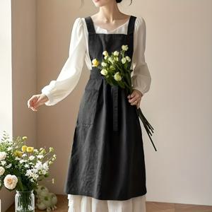TEMU 일본식 한국식 여성용 비브 스타일 롱타이 앞치마, 우아한 가드닝 앞치마, 주방, 베이킹, 플로럴 아트, 매니큐어, 아트, 바리스타, 작업복에 적합