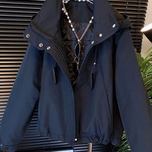 TEMU 가을/겨울 패션 블랙 후드 지퍼 재킷 - 여성용 루즈핏 캐주얼 코트, 기울어진 포켓, 톤 파이핑 장식, 펜던트 장식