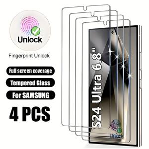 TEMU 갤럭시 S25 울트라, S25, S25 FE, S25 플러스, S25, S24 울트라, S24 플러스, S24, S23+, S23, S22+, S22, S21+, S21용 4pcs 지문 인식 강화 유리 보호필름 – 스크래치 방지, 쉬운 설치, 케이스 호환, HD 투명 쉴드