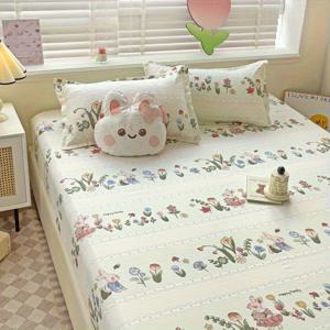 TEMU 피트 시트 3피스 세트, 360° 풀 커버리지, 피트 시트 1개 + 베개커버 2개, 소형 플라워 + 귀여운 토끼, 합성 소재, 세탁 마감, 부드럽고 세탁기 사용 가능, 사계절 사용, 베개 포함되지 않음