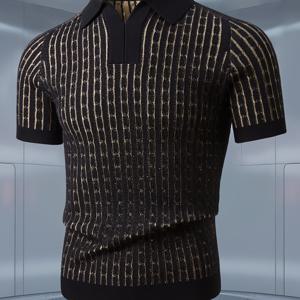 TEMU 남성용 반팔 니트 셔츠, 미국 스타일 버튼리스 턴칼라 풀오버, 헤비 크래프트맨십 스타일, 세로 줄무늬 니트 디자인, 슬림핏, 고급스러운 핸섬, 고품질 라이트 럭셔리 원단, 정밀 공예, 쿨하고 멋진 남성용 상의, 데이트, 파티, 야외 고급 장소, 골프 셔츠에 적합