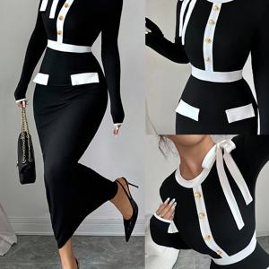 TEMU 여성용 우아한 A라인 드레스, 리본 & 버튼 네크라인 - 블랙 & 화이트 대조 롱 슬리브 웨딩 게스트 드레스, 교회 드레스, 사계절 착용 - 파티 & 특별한 날을 위한 기계 세탁 가능한 A라인 실루엣