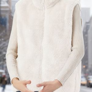 TEMU 여성용 민소매 겨울 따뜻한 플러시 조끼, 우아한 스탠드업 칼라 및 지퍼, 스타일리시한 기모 안감 아우터