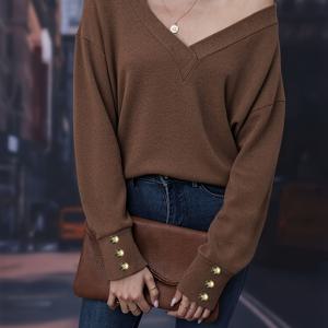 TEMU 여성용 우아하고 편안한 오버사이즈 탑, 깊은 V넥 및 오프숄더 디자인, 소매 밑단에 버튼 디테일, 봄/가을에 완벽