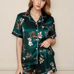 TEMU 여성용 우아한 플로럴 파자마 세트, 다크 그린 민소매 반바지 및 상의, 라펠 칼라, 버튼 플래킷, 봄 여름 성인용 투피스, 부드럽고 편안함, 일상복으로 이상적, 피부 친화적, 스타일