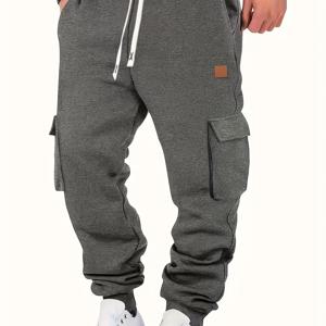 TEMU 남성용 카고 팬츠, 멀티포켓 따뜻한 캐주얼 조거팬츠 - 봄, 가을, 겨울 피트니스용, 솔리드 컬러 빈티지 소프트 스트리트 스타일 운동용 긴 바지, 드로스트링 커프스, 데일리 커뮤팅, 아웃도어 스포츠, 러닝, 하이킹 및 기타 활동에 적합