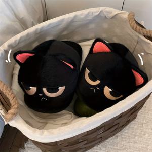 TEMU 귀여운 만화 검은 고양이 남성용 실내 슬리퍼 한 쌍, 겨울에 완벽, 커플에게 적합, 미끄럼 방지 기능과 따뜻한 플러시 소재로 실내 사용에 적합