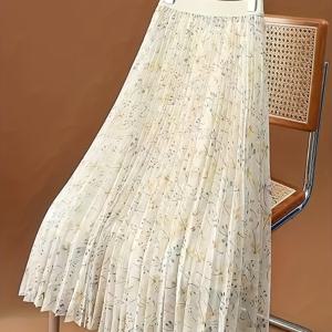 TEMU 여성용 우아한 플로럴 메쉬 플리츠 하프 스커트 여름용 하이웨스트 플리츠 스커트 패션 드레이프 드래곤플라이 프린트 쉬폰 스커트