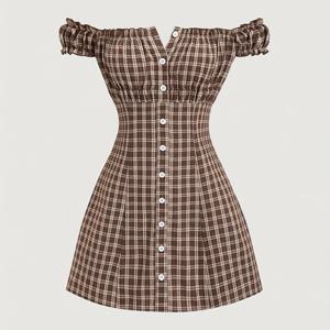 TEMU 새로운 여성용 체크무늬 프린트 오프숄더 버튼 디테일 엉덩이를 감싸는 숏 원피스, 출퇴근, 외출, 데이트, 파티, 프레피 시즌, 캐주얼 애프터눈 티, 데일리웨어, 신부 들러리 드레스용으로 스타일리시하고 우아하며 사계절용