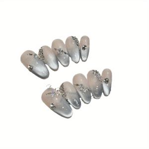 TEMU 그레이-블루 라인스톤 10pcs 핸드메이드 프렌치 캣아이 네일 아트, 라이트 럭셔리 매력과 브라이트닝 효과
