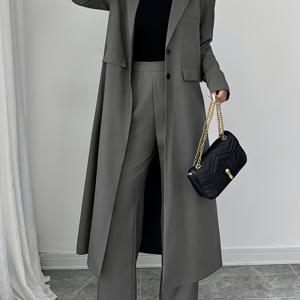 TEMU 플러스 사이즈 여성용 단색 롱 , 단면 안감 없는 주머니 없는 수트 재킷, 신축성 없는 폴리에스터 섬유, 키 큰 여성용, 사무실, 외출, 통근 등에 적합, 크리스마스 및 할로윈을 위한 우아하고 활용도 높은 2개 세트