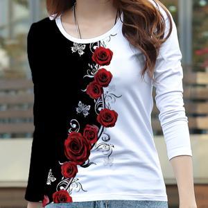 TEMU 여성용 스타일리시 긴팔 라운드넥 탑, 빨간 장미와 검은색 플로럴 프린트, 가을 및 겨울 외출 및 산책에 적합, 세탁기 사용 가능 및 드라이 클리닝 가능
