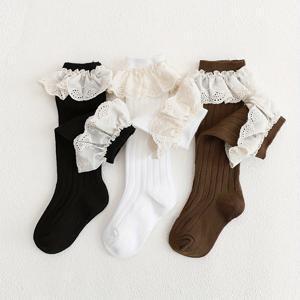 TEMU 레이스 발목 양말 3켤레 & 레이스 중간 길이 양말, 빈티지 스타일, 스커트와 매치하기 완벽, 블랙, 화이트, 카드 컬러 아동용 양말