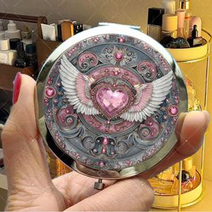 TEMU 1개 2D 평면 휴대용 메이크업 거울 메리 크리스마스 날개 달린 하트 빈티지 디자인 핑크 보석석 프레임, 휴일 선물 및 여행용으로 이상적인 글리터 크리스마스 거울 즐거운 휴일 거울, 2D 평면