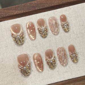 TEMU 10개 세트 수제 골든 캣아이 글리터 프레스온 네일 스톤 장식, 가을/겨울 선물용 우아한 인조 네일