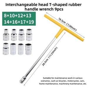 TEMU 9피스 T형 렌치 세트 - 크롬 바나듐 강철, 8개 소켓 헤드(8-19mm) 포함, 연장 연결봉, 핸들, 교체 가능한 헤드 다기능 세트 - 자동차, 오토바이용 - 차량용 공구