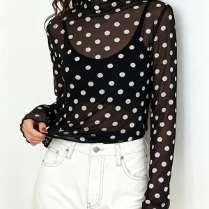 TEMU 여성용 시스루 메쉬 블라우스 - 우아한 긴팔 티셔츠, 러플 넥라인 & 도트 프린트, 레이어링용 세미 시스루 탑, 세탁기 사용 가능한 메쉬 셔츠 (사계절 착용) - 재고 있음, 즉시 배송 가능