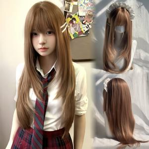 TEMU 1개 26인치 여성용 가발, 밀크티 샴페인 컬러, 뱅, 우아하고 세련된 롱 헤어, 데일리웨어, 할로윈, 크리스마스 파티, 데이트에 적합, 편안하고 다용도, 빠짐 없는 풀 가발