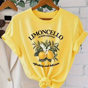 TEMU 우아한 여성 패션 의류, 새로운 라운드넥 디자인과 독특한 스타일을 선보입니다. 레몬 그래픽 프린트와 영어 글자가 있는 세련된 반팔 캐주얼 티셔츠가 특징입니다.