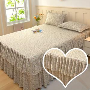 TEMU 로맨틱 더블 레이어 러플 디자인 침대 스커트 세트, 부드럽고 피부 친화적, 편안하고 통기성 좋음. 플로럴 디자인으로 침실에 차분한 느낌을 더해줍니다. 미끄럼 방지 S자형 스트랩 포함. 침구 세트 3피스: 침대 스커트 1개와 베개커버 2개 (베개 미포함)