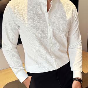 TEMU 남성용 빈티지 스탠드 칼라 시어커커 체크 긴팔 캐주얼 셔츠