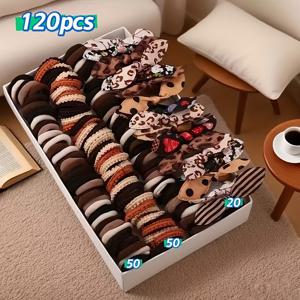 TEMU 120개 스타일 여성용 헤어타이 세트, 토끼귀, 하트, 꽃, 물방울, 줄무늬, 체크, 하운드투스, 단색 포함, 혼합 세트, 디스플레이 트레이 미포함, 여성 친구와 가족을 위한 완벽한 선물