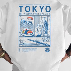 TEMU 남성용 미국 스타일 캐주얼 티셔츠! 친구들과 외출 또는 모임에 완벽하며 세탁기 사용 가능, 스시, 코이 깃발, 검 등 다양한 요소가 특징입니다.