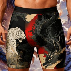 TEMU 1개 신상 남성 속옷, 용과 호랑이 행운 테마 패턴 플랫 탄성 드로즈, 스포츠 레저 복싱 반바지, 부드러운 피부 친화적, 편안하고 통기성 좋음, 확장형 운동용 핏, 가정, 파티, 사이클링, 스포츠에 적합