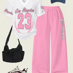 TEMU 여아 패션 세트 여아 패션 바지 귀여운 프린트 티셔츠와 바지 투피스 세트, 야외용