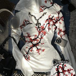 TEMU Y2K 여성용 프린트 티셔츠 매화꽃 블룸 티셔츠, 가을 겨울 패션 프린트 스웨트셔츠, 스타일리시 티셔츠, 귀여운 티셔츠, 2000년대 빈티지 스타일 티셔츠, 캐주얼 후드 V넥 패션 티셔츠