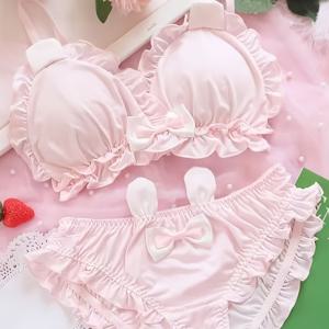 TEMU 토끼 귀와 리본이 달린 브라 및 팬티 세트, 귀여운 란제리, 얇은 스타일, LOLITA 스타일, 일본 스타일, 브라, 와이어 프리, 부드럽고 편안함, 사각컵 브라, 모든 계절에 적합