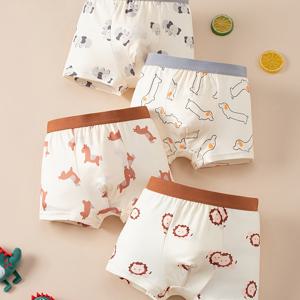 TEMU 봄, 여름용 속옷 4종 세트. 재미있는 말과 강아지 프린트가 특징이며 남아, 여아 모두에게 적합합니다. 부드럽고 편안한 남아용 드로즈.