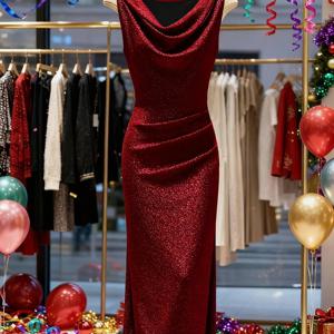 TEMU 여성용 민소매 우아한 파티 드레스, 봄, 여름, 가을용, 발렌타인데이 주름진 밑단과 슬릿, 저녁 파티, 연회, 비공개 모임, 웨딩 시즌을 위한 롱 슬림핏 가운